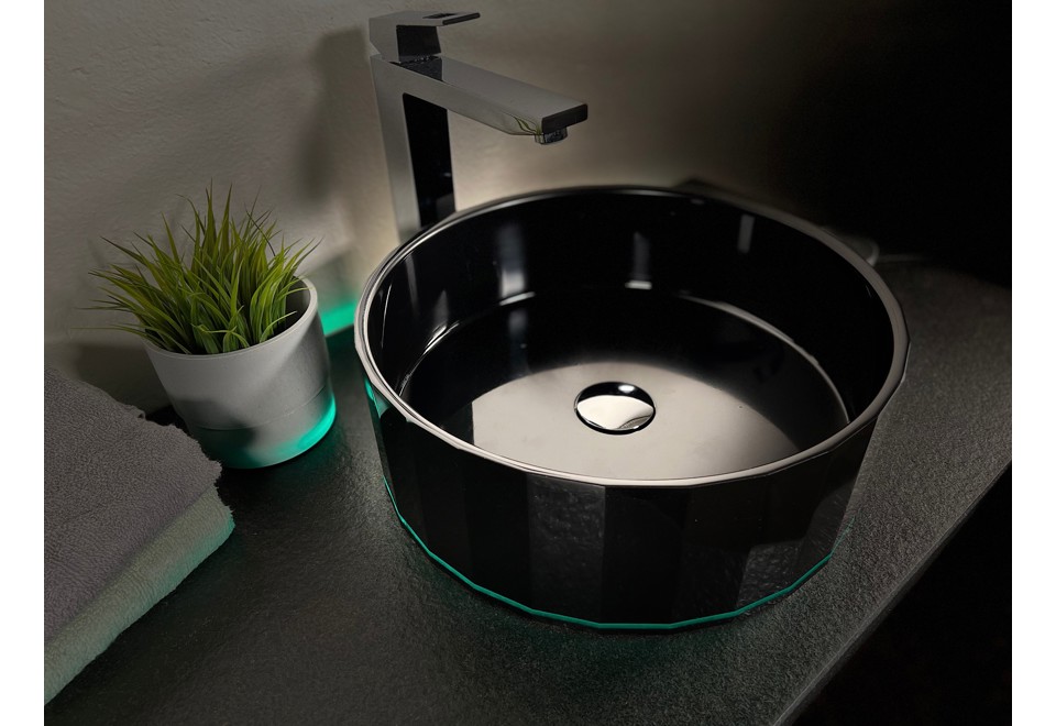 prima foto POLYGON BLACK Lavabo rotondo in quarzo composito con illuminazione a LED