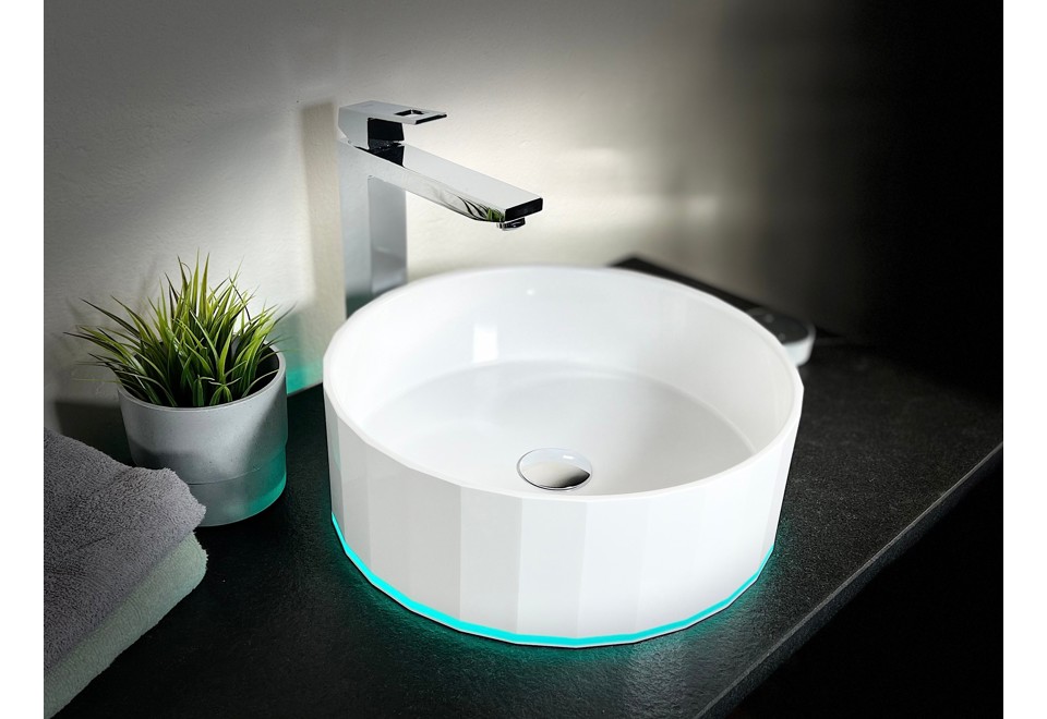 prima foto POLYGON WHITE Lavabo rotondo in quarzo composito con illuminazione a LED