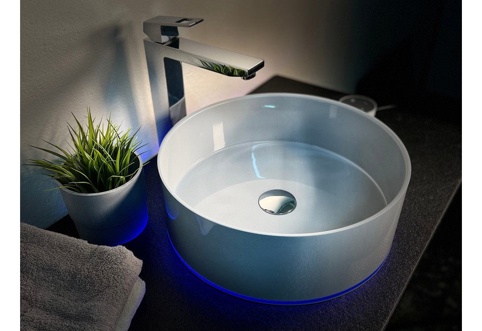 prima foto ROUND GREY Lavabo rotondo in quarzo composito con illuminazione a LED