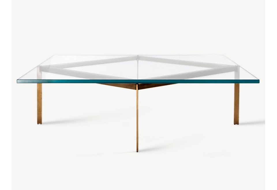 prima foto PLANK Tavolino quadrato in vetro con base in metallo