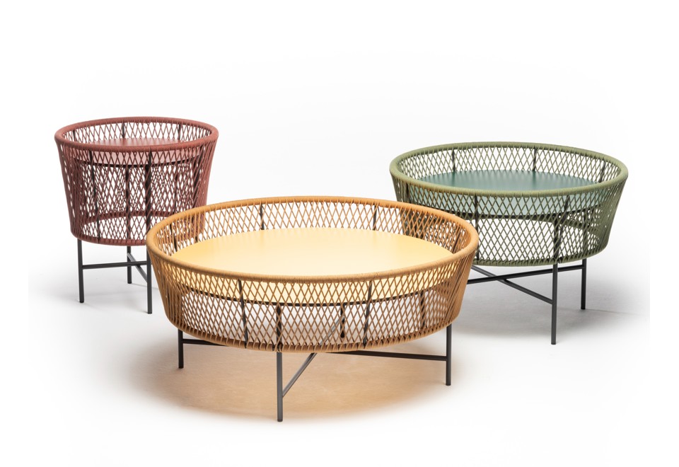 prima foto TAMBURO Tavolino rotondo in metallo e corda con piano in HPL