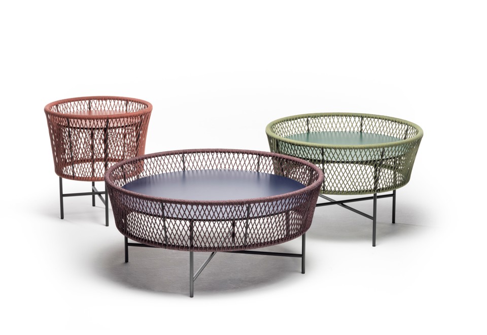 seconda foto TAMBURO Tavolino rotondo in metallo e corda con piano in HPL