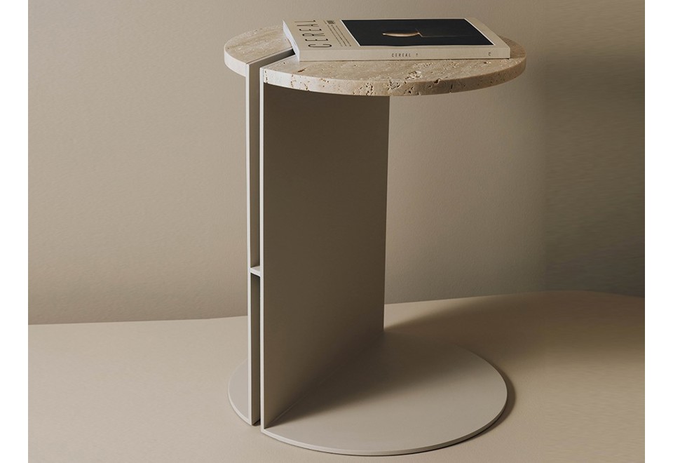 prima foto HALF TRAVERTINE Tavolino basso di servizio rotondo in marmo e alluminio