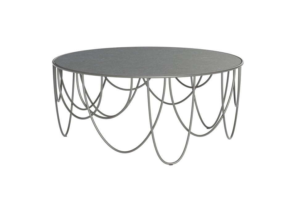 seconda foto DRAPERY MATERIAL Tavolino da giardino rotondo in acciaio e vetro