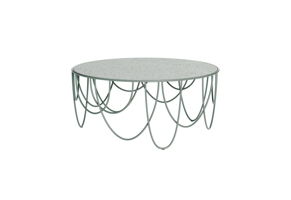 terza foto DRAPERY MATERIAL Tavolino da giardino rotondo in acciaio e vetro